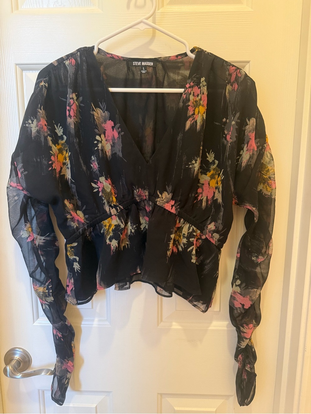 Steve Madden Black Sheer Floral V-Neck Blouse with Pink and Yellow Flowers
